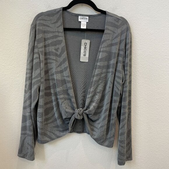 NEW Chicos 2 Travelers Womens Large Shadow Foil Tied Up Jacket Stretch Top - Picture 1 of 10